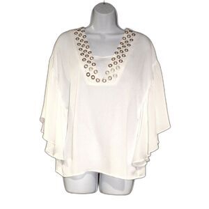 Chicos Blouse Womens Size 0 White Flare Short Sleeves Gold Detail V Neck Top
